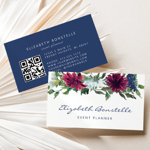 Navy Blue Burgundy Watercolor Floral QR Code Business Card