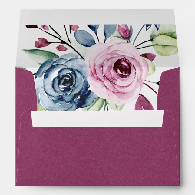 Navy Blue Burgundy Watercolor Floral Wedding Envelope (Back (Bottom))