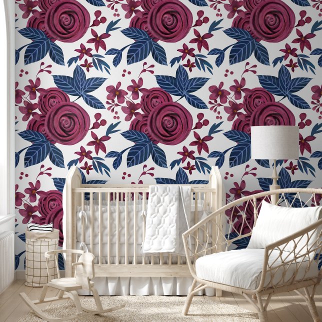 Navy Blue Burgundy Watercolor Rose  Floral  Wallpaper (Kids)