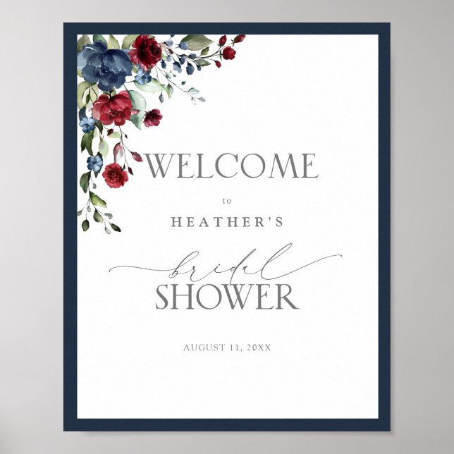 Navy Blue Burgundy Watercolor Shower Welcome Poster (Front)