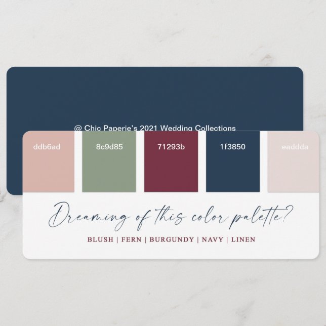 Navy Blue & Burgundy Wedding Colour Palette Card (Front/Back)