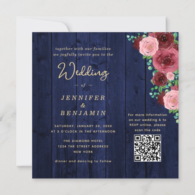 Navy Blue Burgundy Wedding Invitation With QR Code (Back)