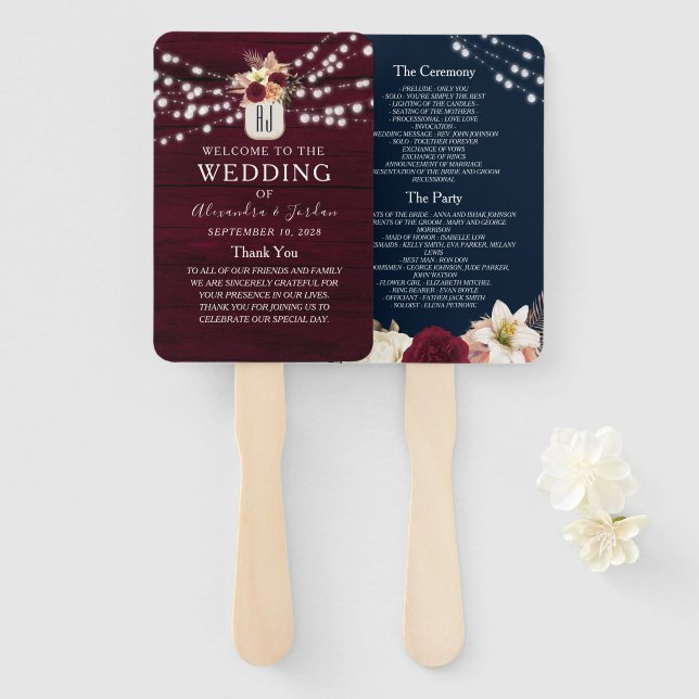 Navy Blue Burgundy Wedding Program Hand Fan (Front and Back)