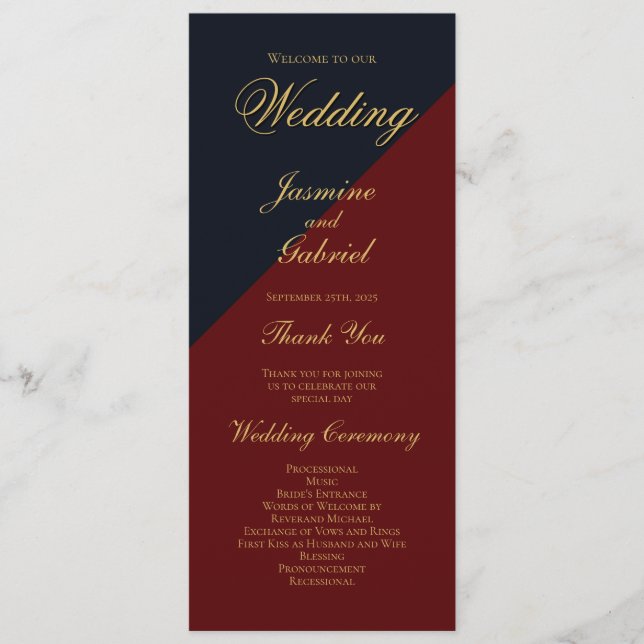 Navy Blue Burgundy Wedding Program Programme (Front)