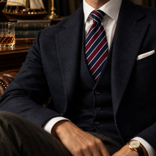 Navy Blue Burgundy White Diagonal Striped Tie