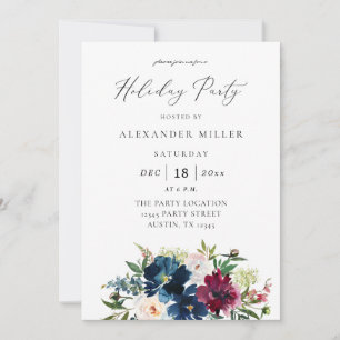 Navy Blue, Burgundy & White Floral Holiday Party Invitation