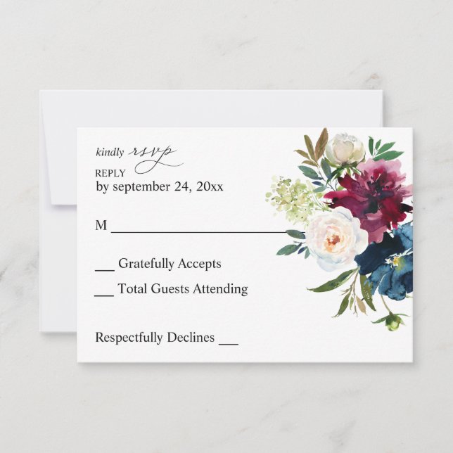 Navy Blue, Burgundy & White Floral no Meal RSVP (Front)