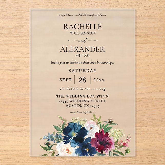 Navy Blue, Burgundy & White Floral Wedding Acrylic Invitations (Front)