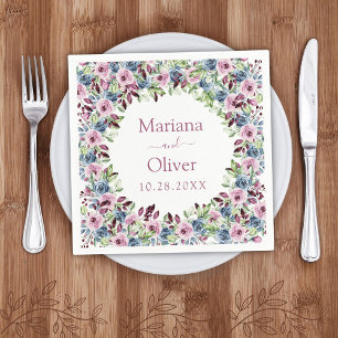 Navy Blue Burgundy Wine Watercolor Floral Wedding  Napkin