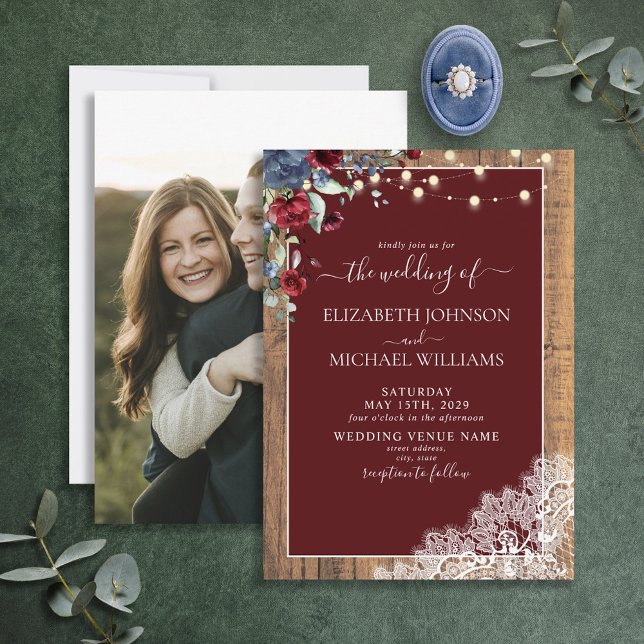 Navy Blue Burgundy Wood Script Lace Photo Wedding Invitation (Creator Uploaded)