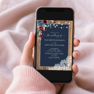 Navy Blue Burgundy Wood Script Lace Photo Wedding Invitation