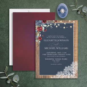 Navy Blue Burgundy Wood Script Lace Wedding  Invit Invitation