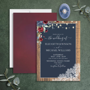 Navy Blue Burgundy Wood Script Lace Wedding Invitation