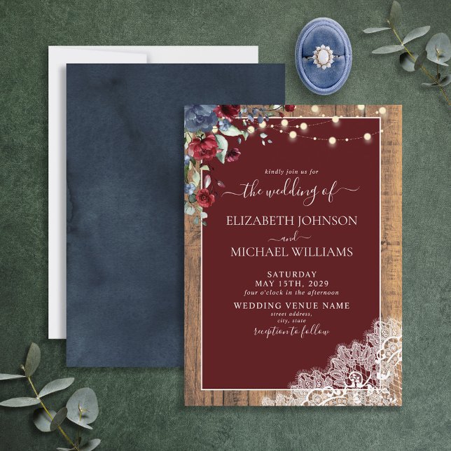 Navy Blue Burgundy Wood Script Lace Wedding  Invitation (Creator Uploaded)