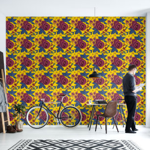 Navy Blue Burgundy yellow gold Watercolor Floral Wallpaper