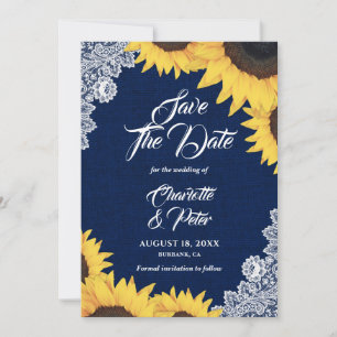 Navy Blue Burlap and Sunflower Save The Date Cards