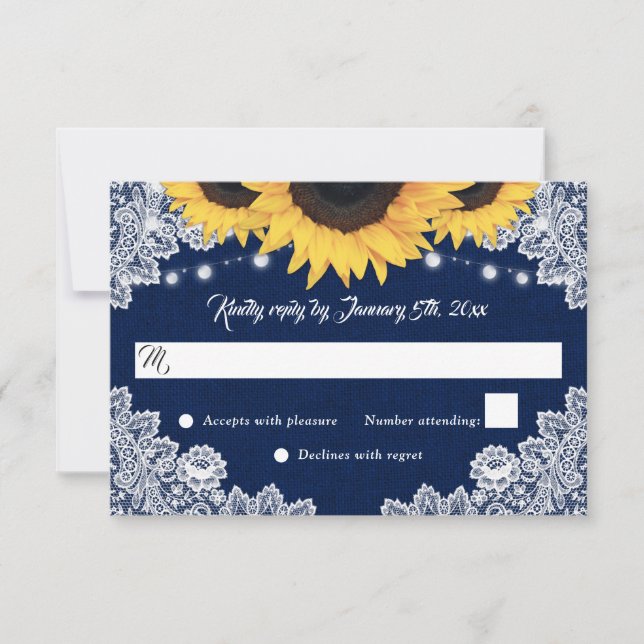 Navy Blue Burlap Floral Lace Sunflower Wedding RSVP Card (Front)