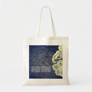 navy blue burlap lace rustic wedding bridesmaid tote bag
