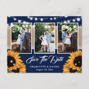 Navy Blue Burlap Lace Sunflower Photo Collage Announcement Postcard