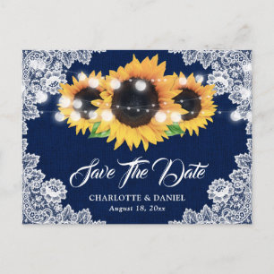 Navy Blue Burlap Lace Sunflower Save The Date Announcement Postcard