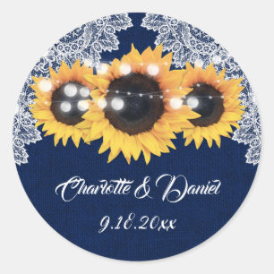 Navy Blue Burlap Lace Sunflower Wedding Favor Classic Round Sticker