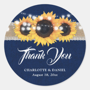Navy Blue Burlap Lace Sunflower Wedding Thank You Classic Round Sticker