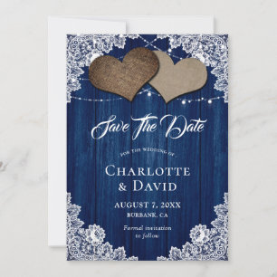 Navy Blue Burlap Lace Wedding Save The Date Card