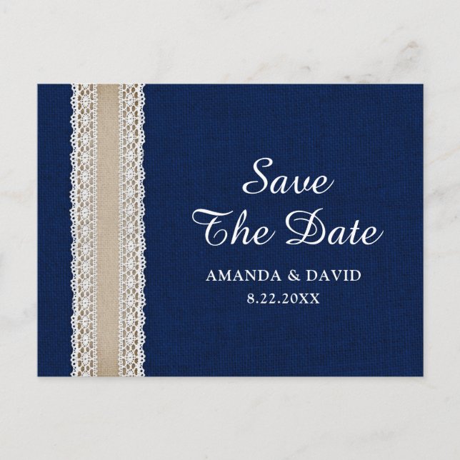 Navy Blue Burlap Lace Wedding Save The Date Postcard (Front)
