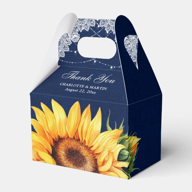 Navy Blue Burlap String Lights Sunflower Thank You Favour Box (Front Side)