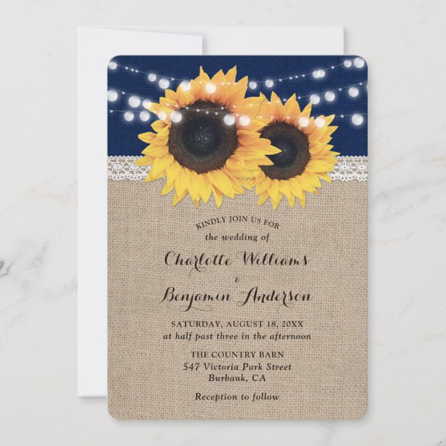 Navy Blue Burlap String Lights Sunflower Wedding Invitation (Front)