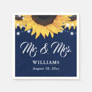 Navy Blue Burlap String Lights Sunflower Wedding Napkin