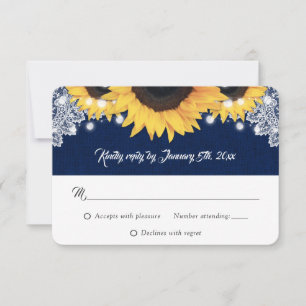 Navy Blue Burlap String Lights Sunflower Wedding RSVP Card