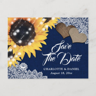 Navy Blue Burlap Sunflower Wedding Save The Date Announcement Postcard