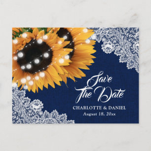 Navy Blue Burlap Sunflower Wedding Save The Date Announcement Postcard