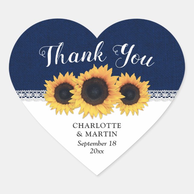 Navy Blue Burlap Sunflower Wedding Thank You Heart Sticker (Front)