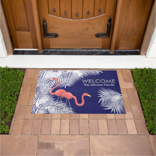 Navy Blue Burlap with Pink Flamingos Doormat