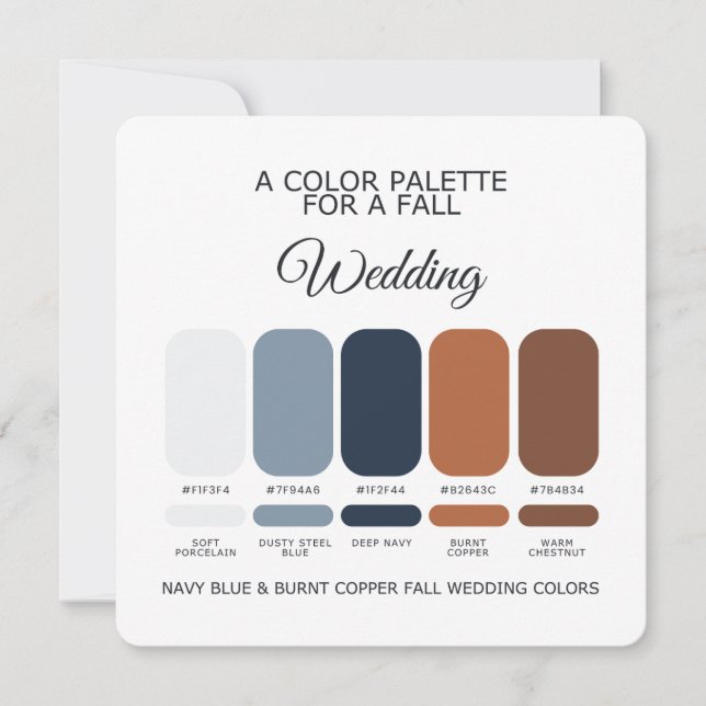 Navy Blue Burnt Copper Fall Wedding Palette Card (Front)