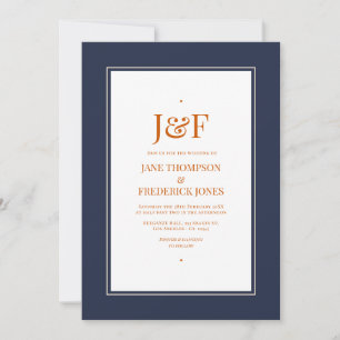 Navy Blue, Burnt Orange and Champagne  Wedding Invitation