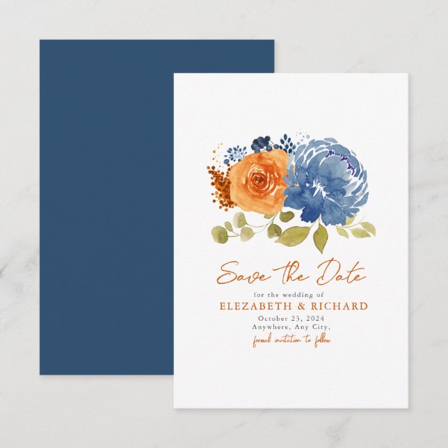 Navy Blue  Burnt Orange Bouquet Fall Floral  Save The Date (Front/Back)