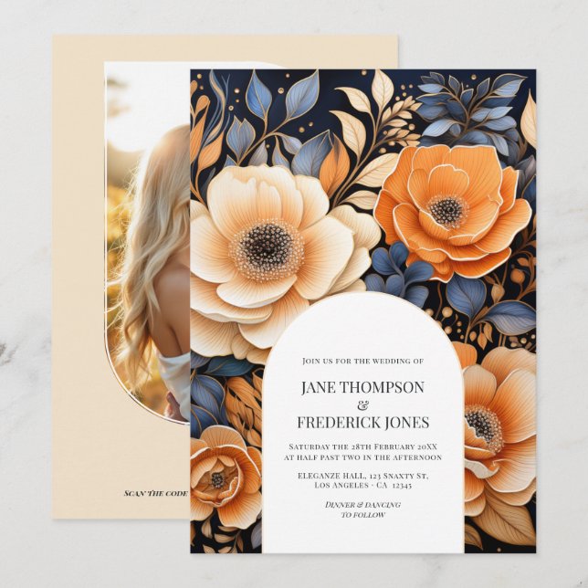 Navy Blue, Burnt Orange & Champagne Floral Wedding Invitation (Front/Back)