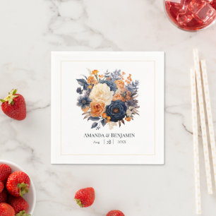Navy Blue, Burnt Orange & Champagne Floral Wedding Napkin