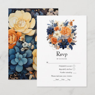 Navy Blue, Burnt Orange & Champagne Floral Wedding RSVP Card