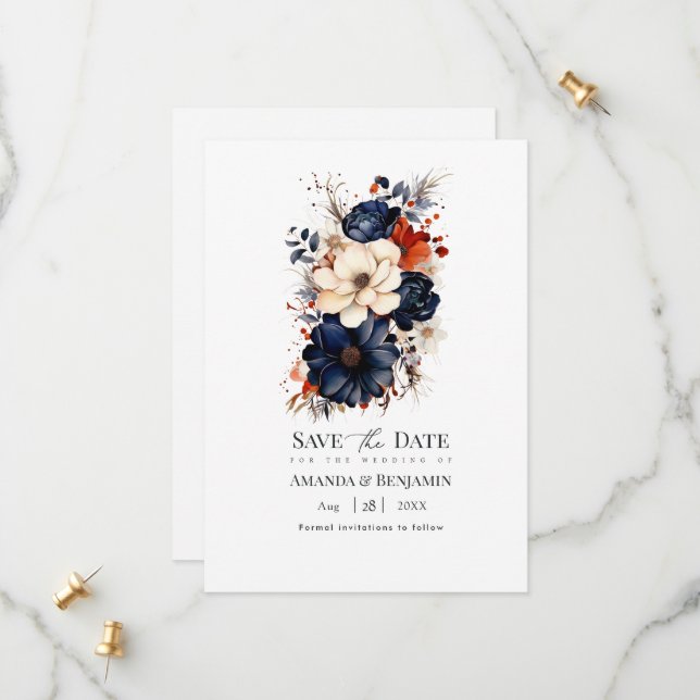 Navy Blue, Burnt Orange & Champagne Floral Wedding Save The Date (Front/Back In Situ)