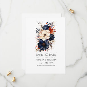 Navy Blue, Burnt Orange & Champagne Floral Wedding Save The Date