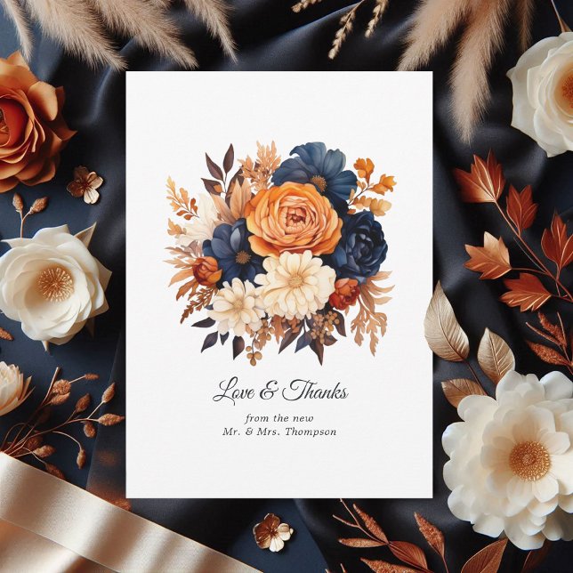 Navy Blue, Burnt Orange & Champagne Floral Wedding Thank You Card (Navy Blue, Burnt Orange and Champagne Floral Wedding Thank You Card)
