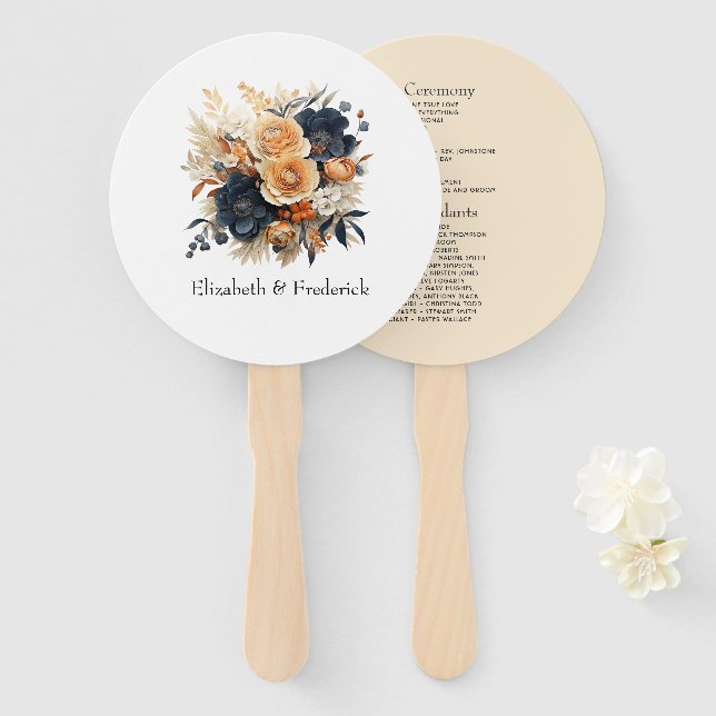 Navy Blue Burnt Orange Champagne Wedding Program Hand Fan (Front and Back)
