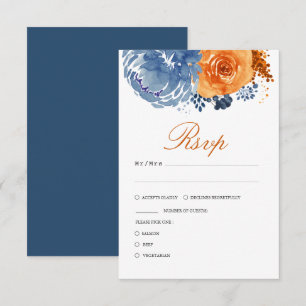 Navy Blue Burnt Orange Fall Floral Wedding RSVP Card
