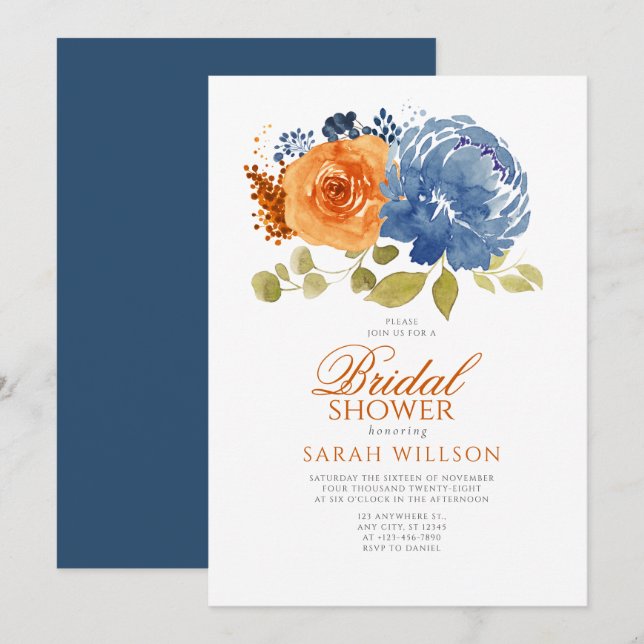 Navy Blue Burnt Orange Floral bridal shower Invitation (Front/Back)