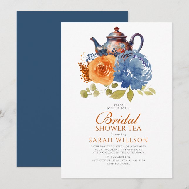 Navy Blue Burnt Orange Floral Bridal Shower Tea Invitation (Front/Back)