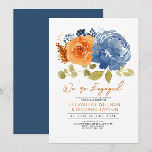 Navy Blue Burnt Orange Floral Engagement Party Invitation